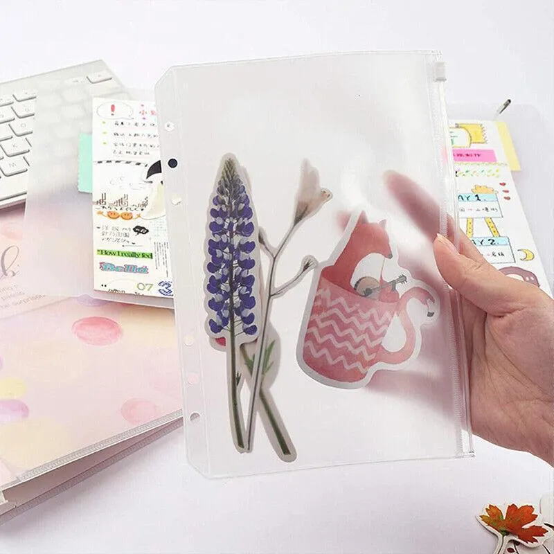 12X A5/A6/A7 Binder Pocket Zipper 6 Holes Pvc Document Filling Bags Clear Kit