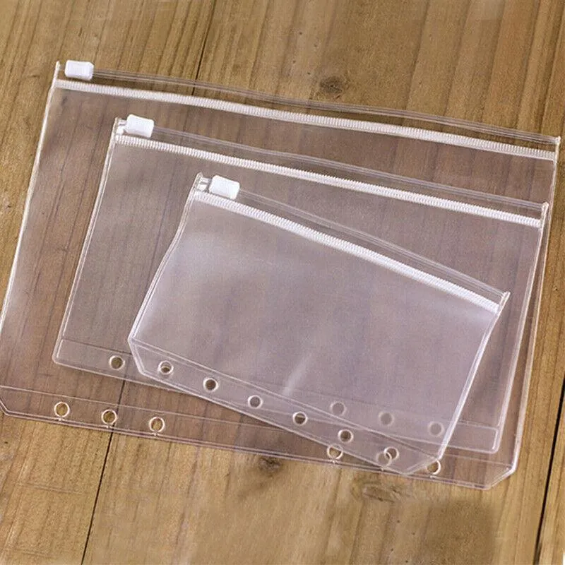 12X A5/A6/A7 Binder Pocket Zipper 6 Holes Pvc Document Filling Bags Clear Kit