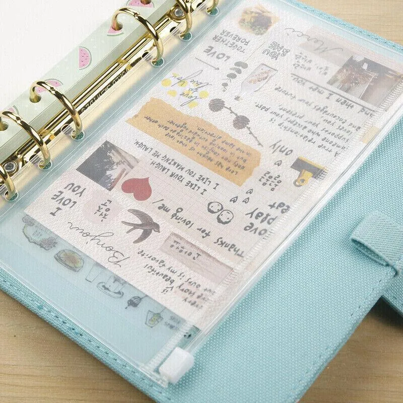 12X A5/A6/A7 Binder Pocket Zipper 6 Holes Pvc Document Filling Bags Clear Kit