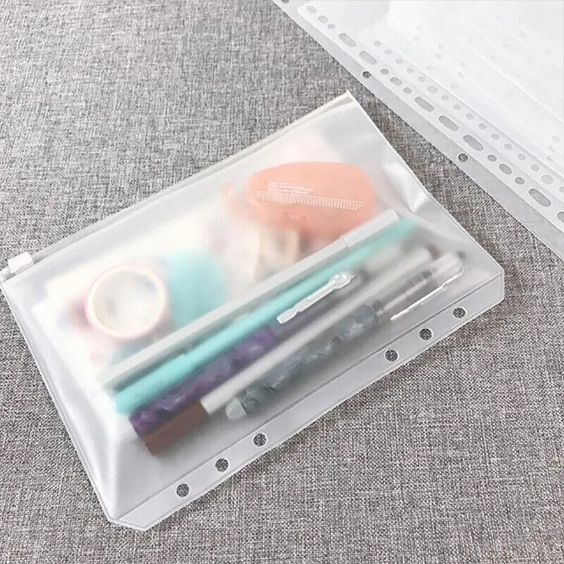 12X A5/A6/A7 Binder Pocket Zipper 6 Holes Pvc Document Filling Bags Clear Kit
