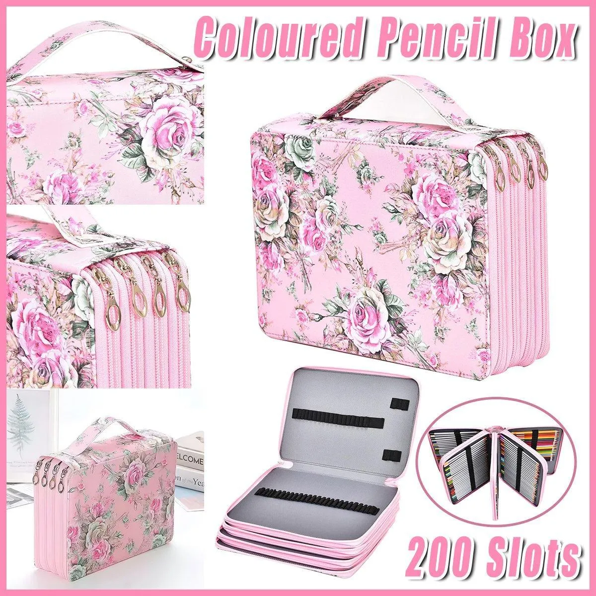200 Slots Large Capacity Pencil Case Rose Foundation Student Stationery Bag
