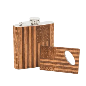 6 oz. Wooden Hip Flask & Matching Credit Card Bottle Opener (2-Piece Flask Set)