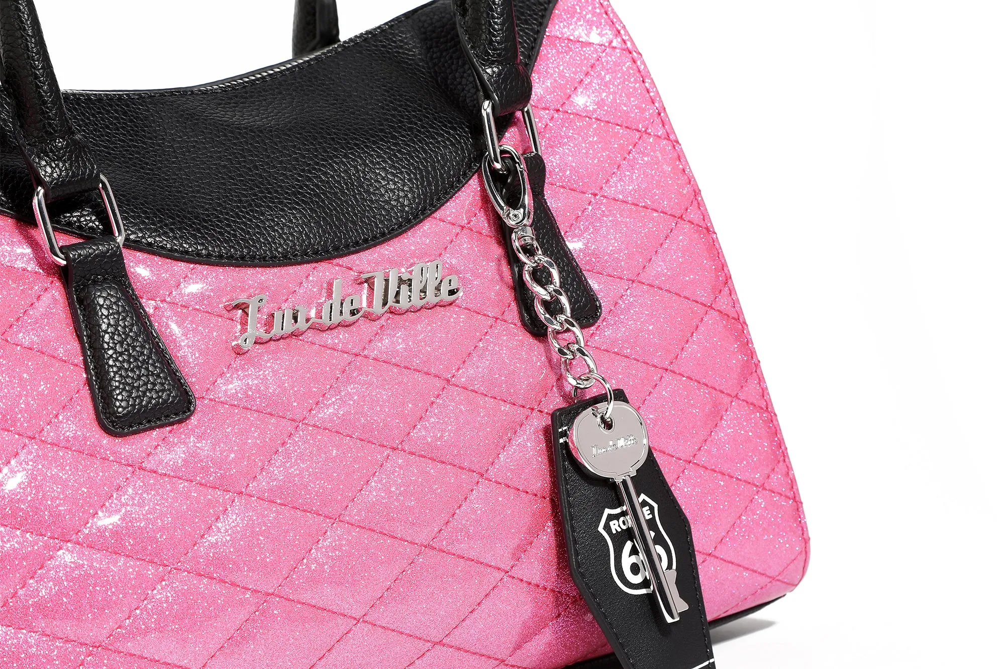 Black and Winkle Pink Sparkle Route 66 Tote