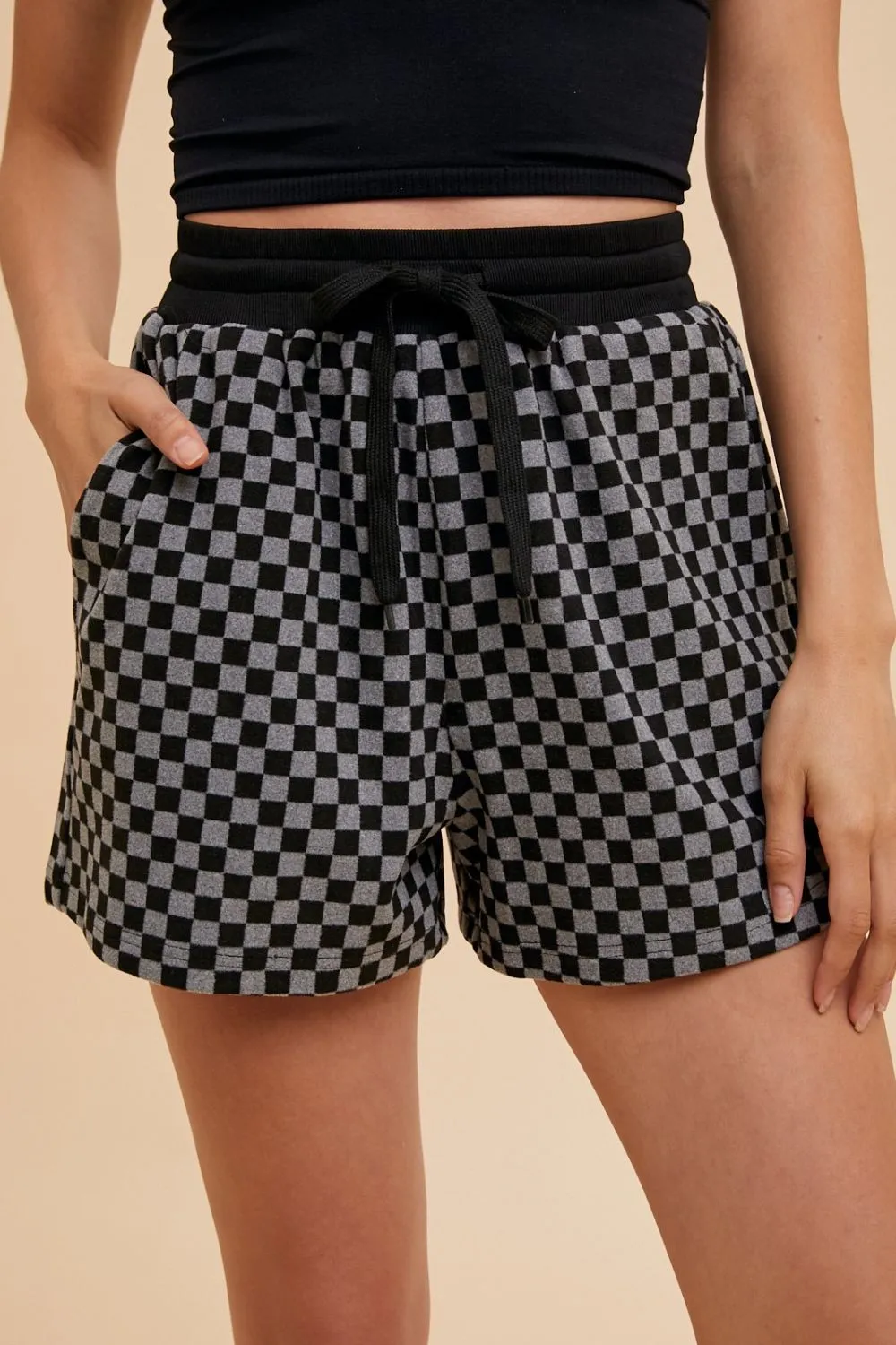 Black Checkered Round Neck Top and Drawstring Shorts Set
