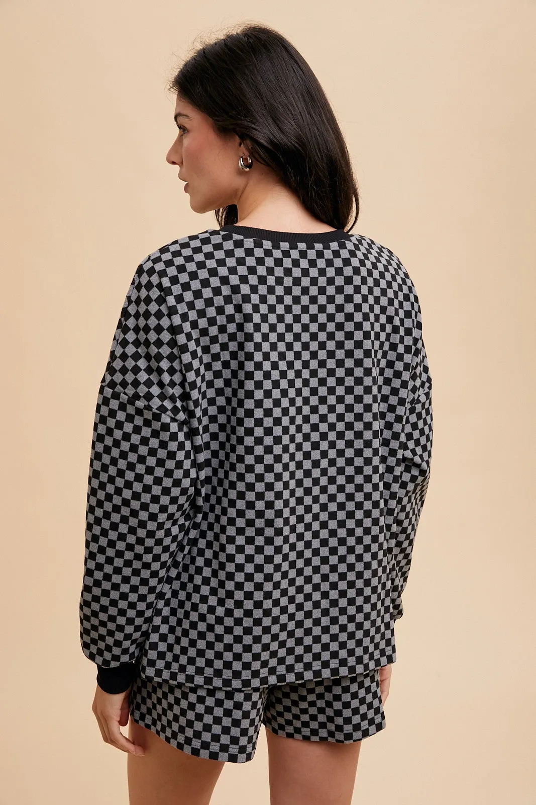 Black Checkered Round Neck Top and Drawstring Shorts Set