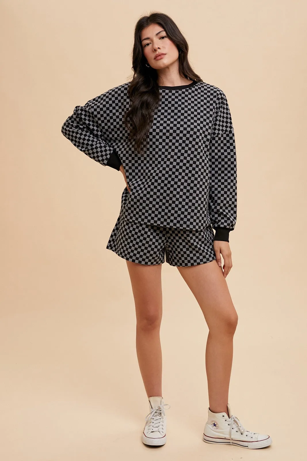Black Checkered Round Neck Top and Drawstring Shorts Set