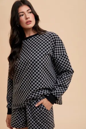Black Checkered Round Neck Top and Drawstring Shorts Set