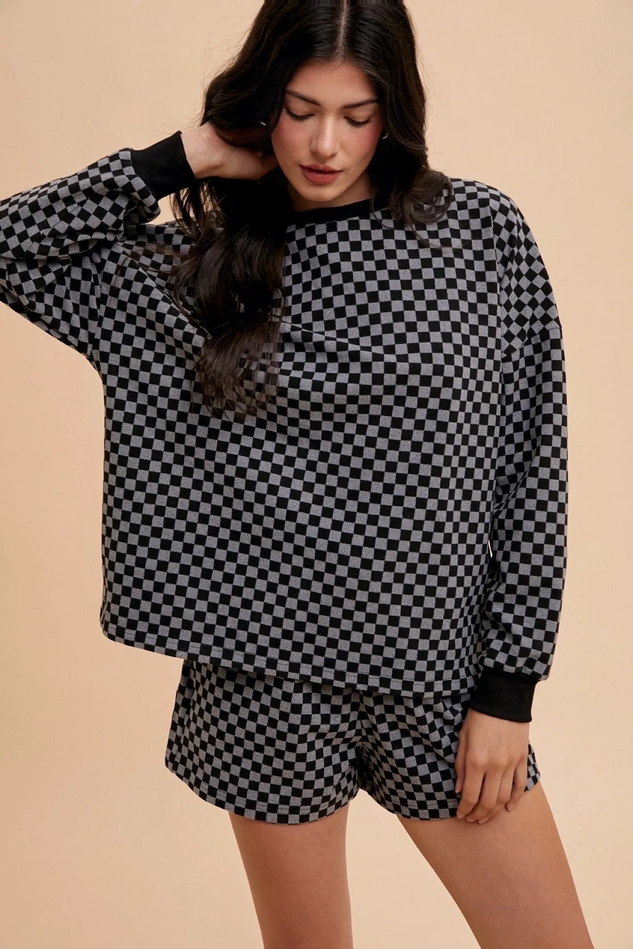 Black Checkered Round Neck Top and Drawstring Shorts Set