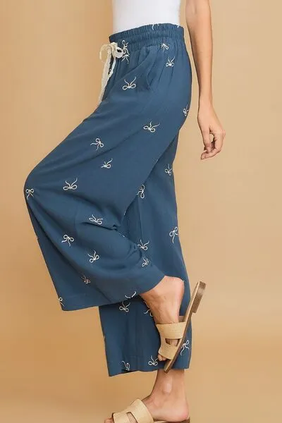 Bow Of Charm Dusty Blue Lace Drawstring Embroidered Wide Leg Pants