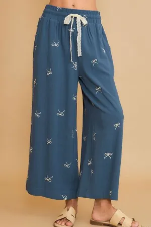 Bow Of Charm Dusty Blue Lace Drawstring Embroidered Wide Leg Pants