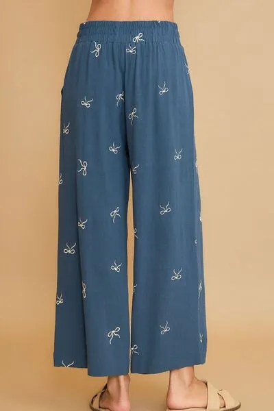 Bow Of Charm Dusty Blue Lace Drawstring Embroidered Wide Leg Pants
