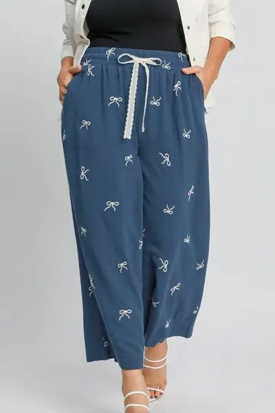 Bow Of Charm Dusty Blue Lace Drawstring Embroidered Wide Leg Pants