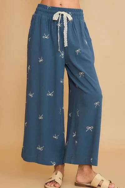 Bow Of Charm Dusty Blue Lace Drawstring Embroidered Wide Leg Pants