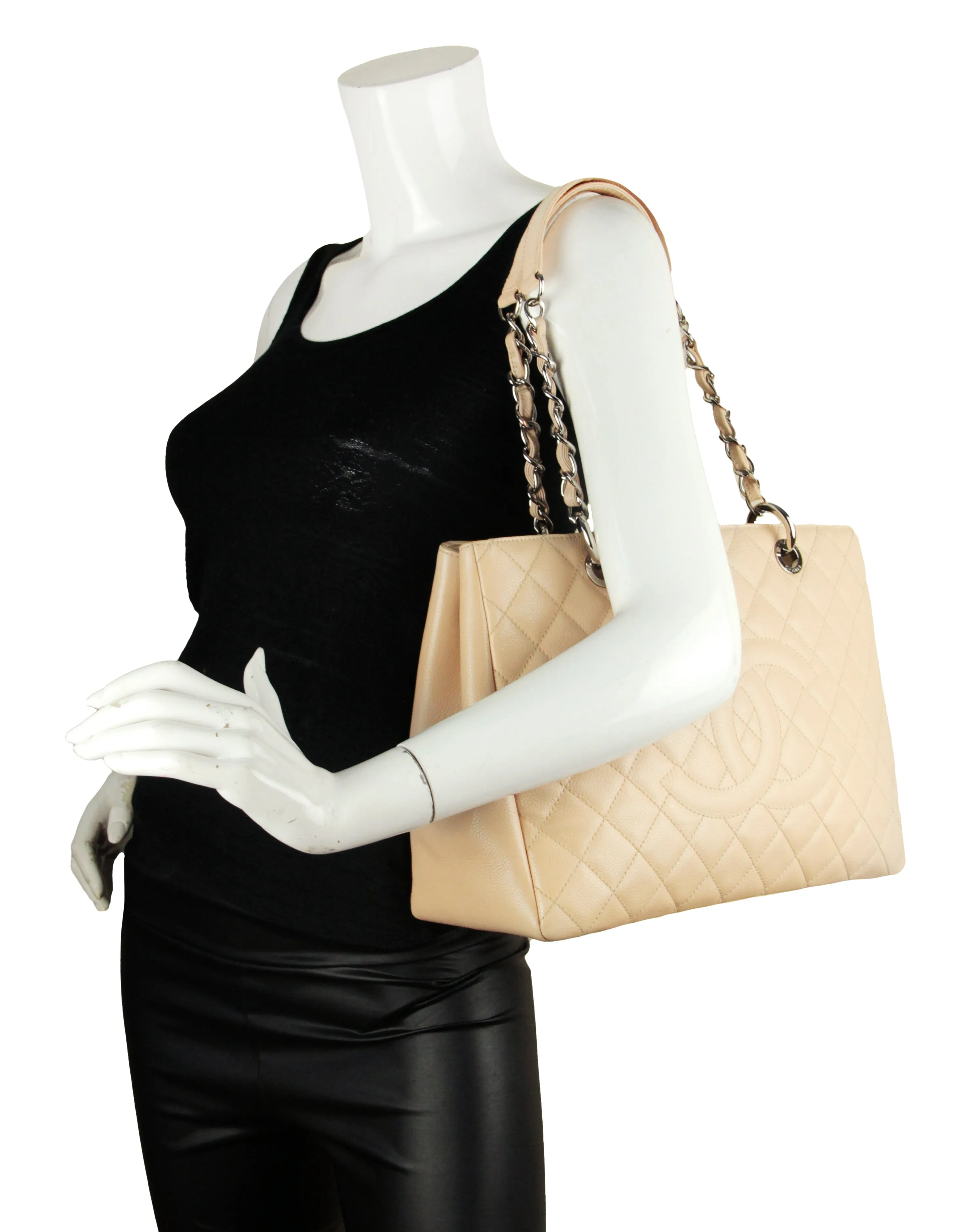 Chanel Beige Caviar Leather Quilted Grand Shopper Tote GST Bag