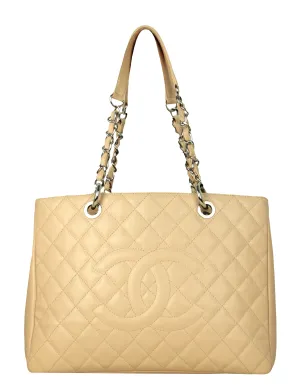 Chanel Beige Caviar Leather Quilted Grand Shopper Tote GST Bag