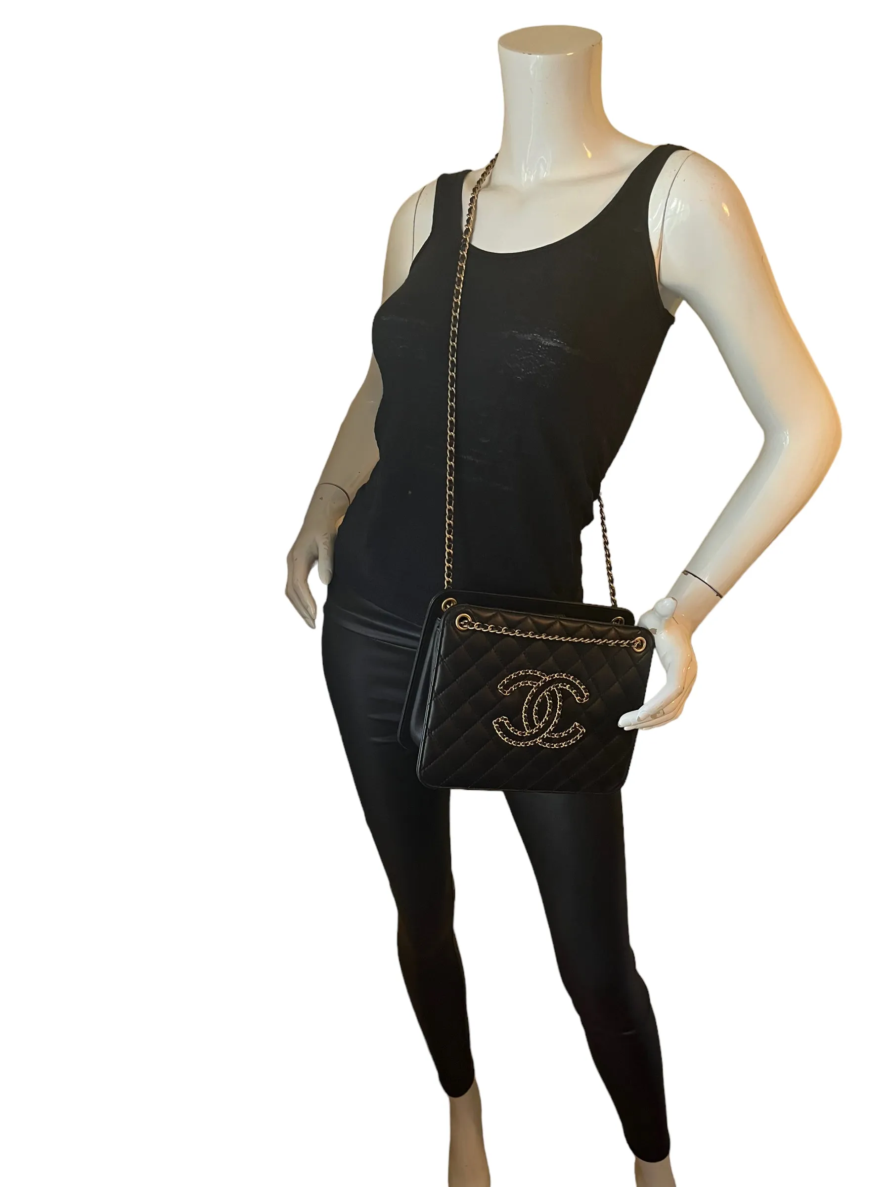 Chanel Black Calfskin Leather Quilted CC Chain Accordion Tote Bag