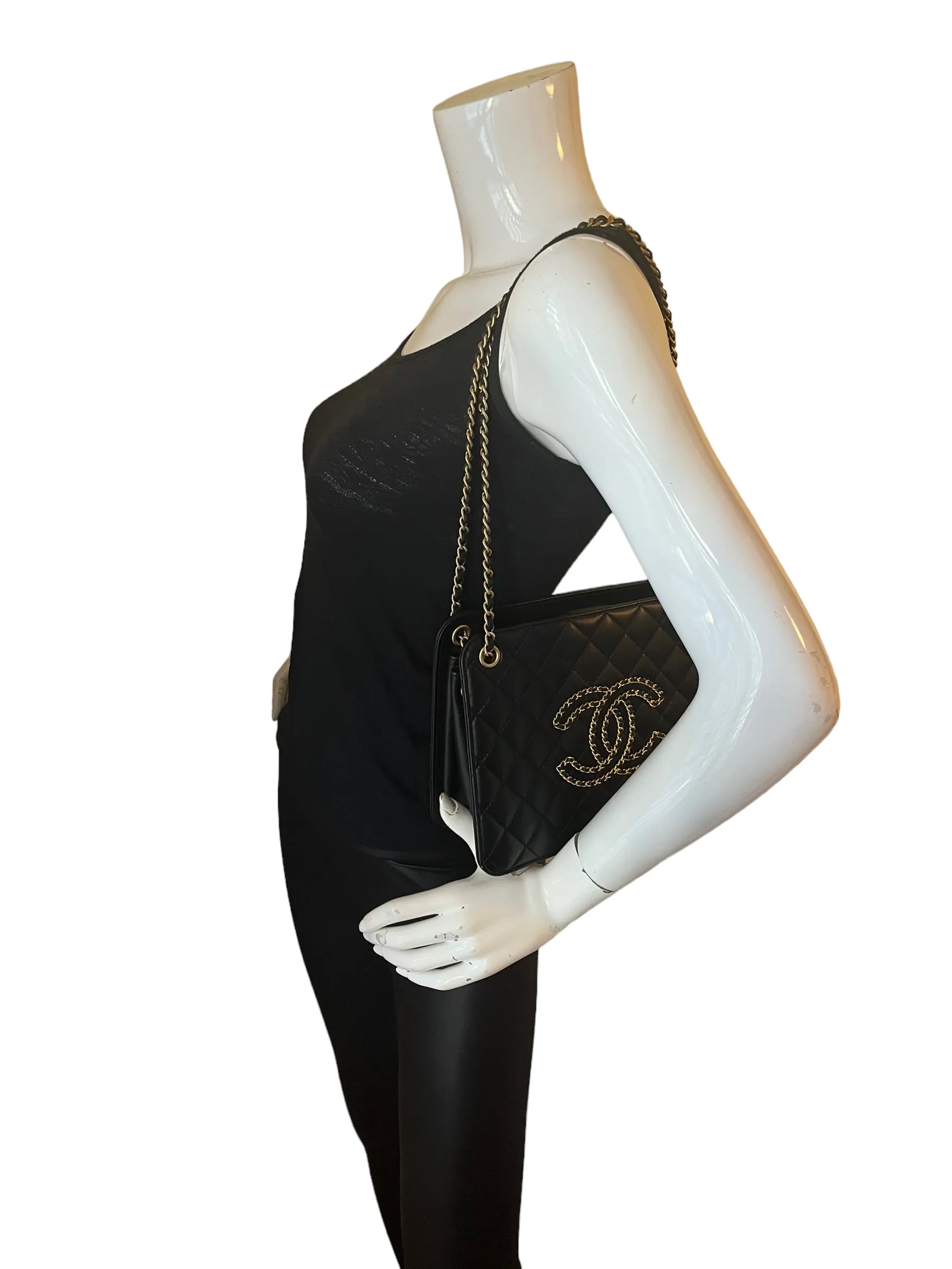 Chanel Black Calfskin Leather Quilted CC Chain Accordion Tote Bag