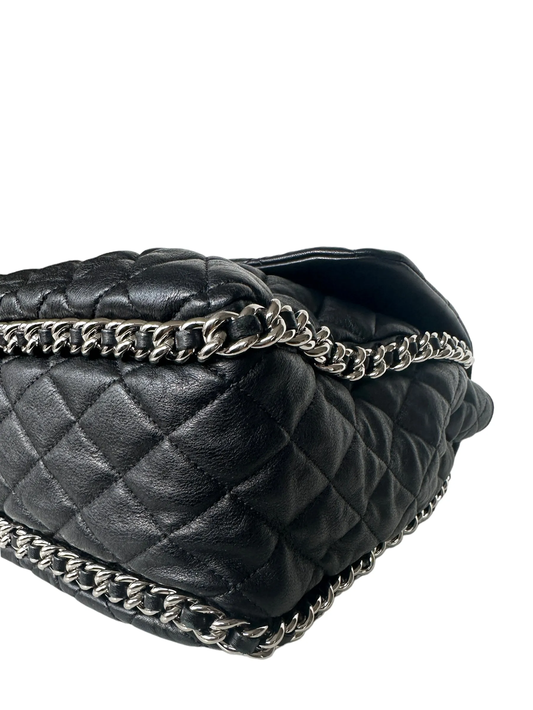 Chanel Black Washed Lambskin Quilted Maxi Chain Around Flap Bag