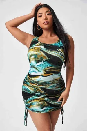 Curvy Printed Drawstring Ruched Dress