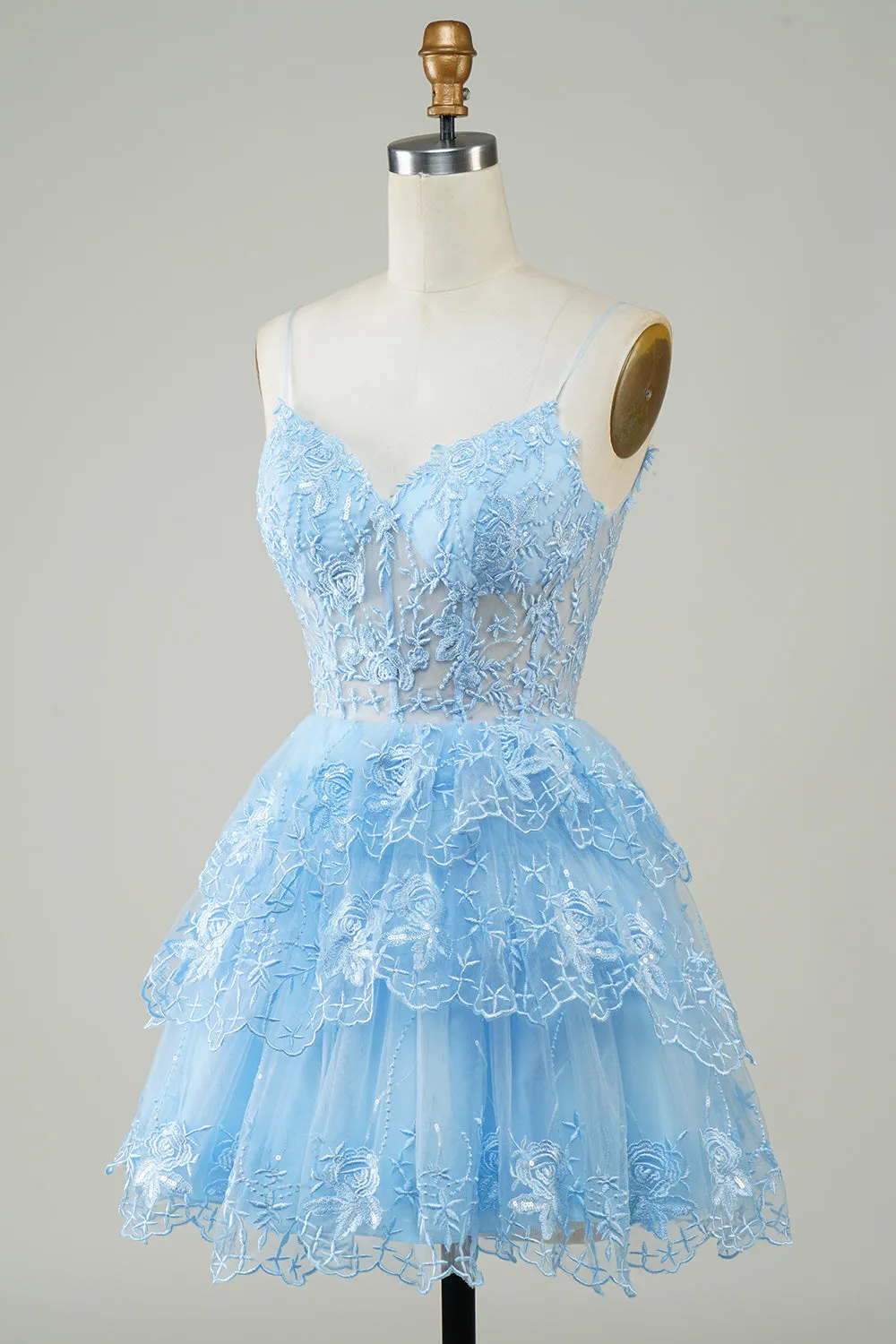 Cute Pink A Line Spaghetti Straps Sparkly Sequin Tiered Corset Short Homecoming Dress
