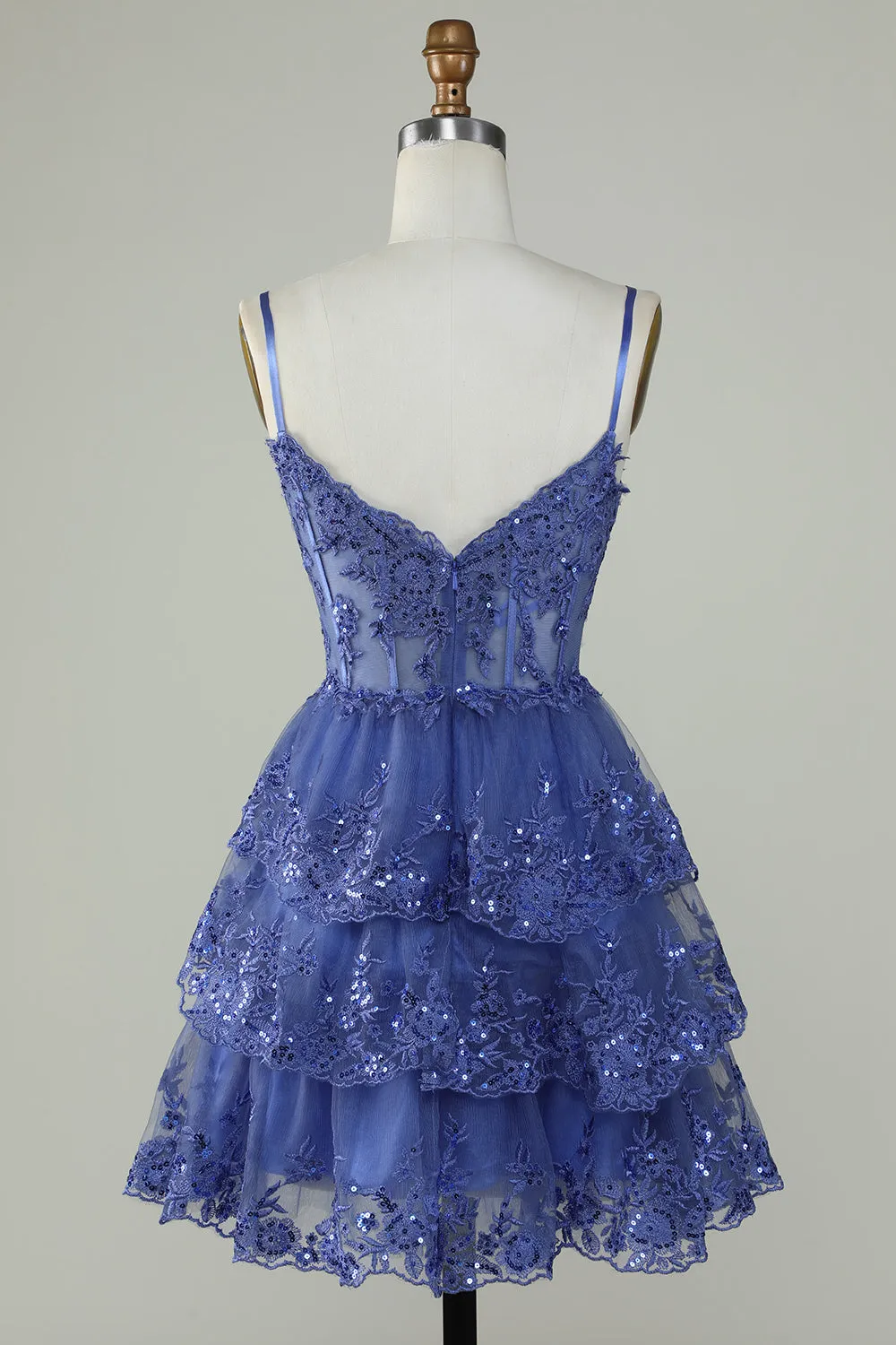 Cute Pink A Line Spaghetti Straps Sparkly Sequin Tiered Corset Short Homecoming Dress