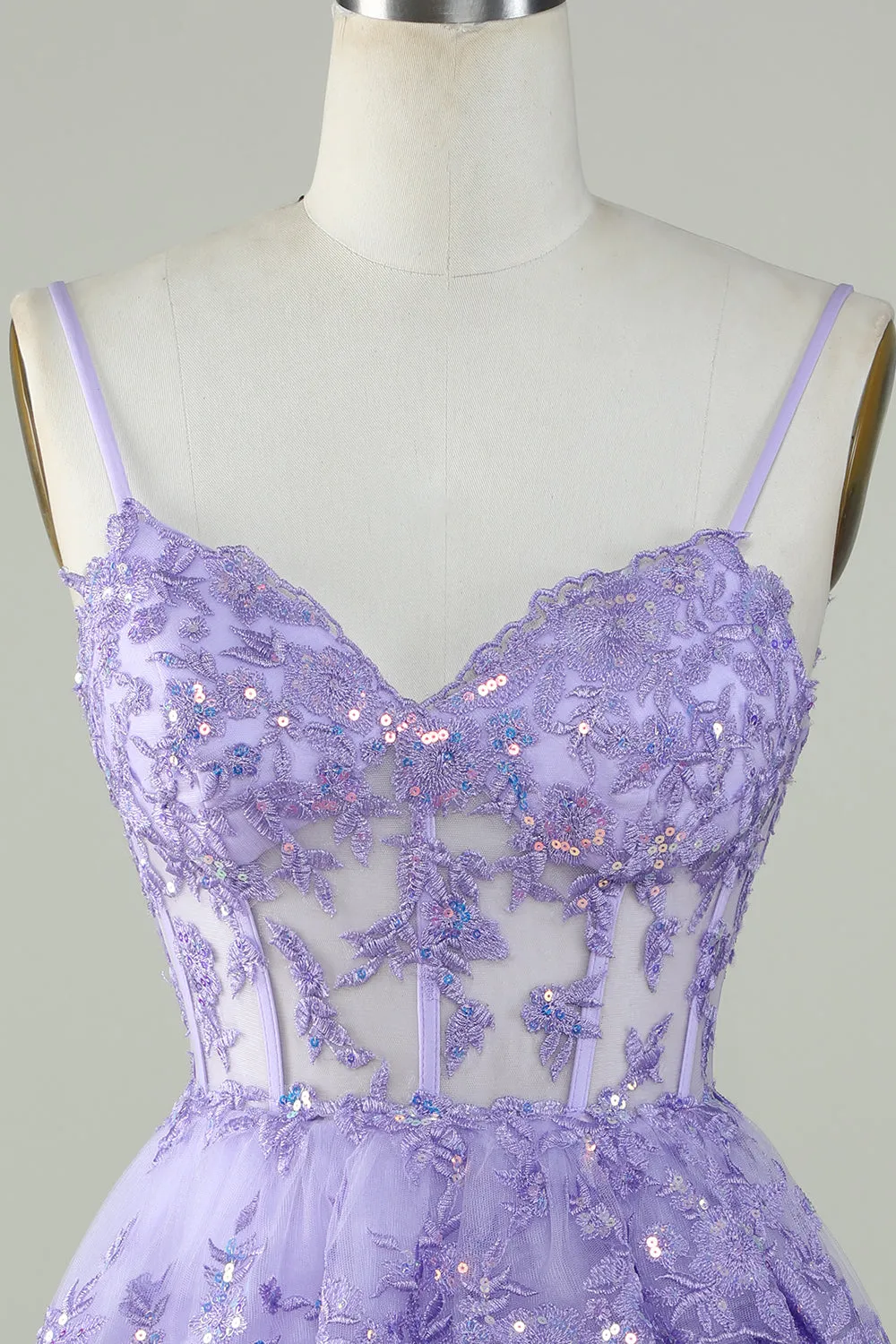 Cute Pink A Line Spaghetti Straps Sparkly Sequin Tiered Corset Short Homecoming Dress