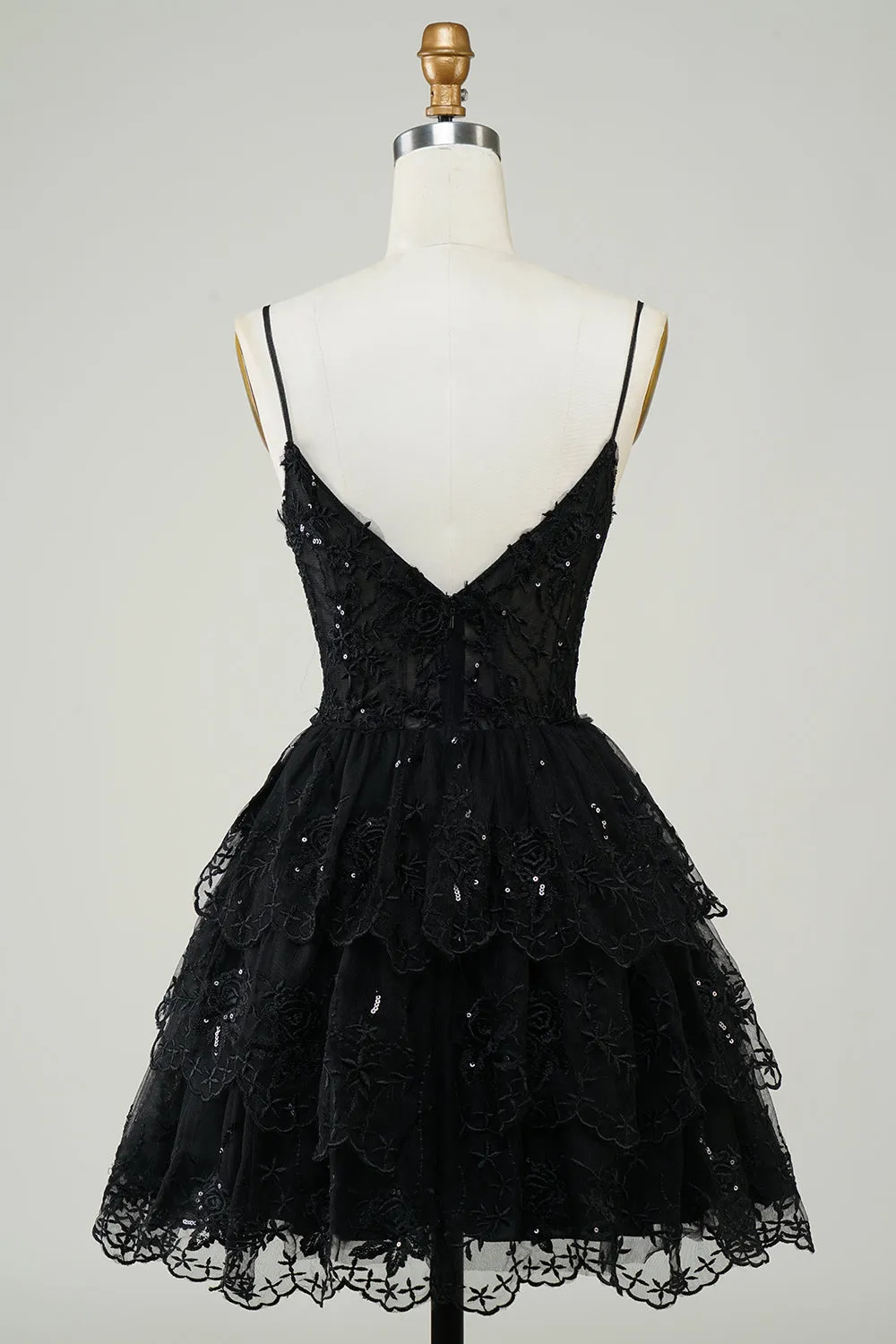 Cute Pink A Line Spaghetti Straps Sparkly Sequin Tiered Corset Short Homecoming Dress