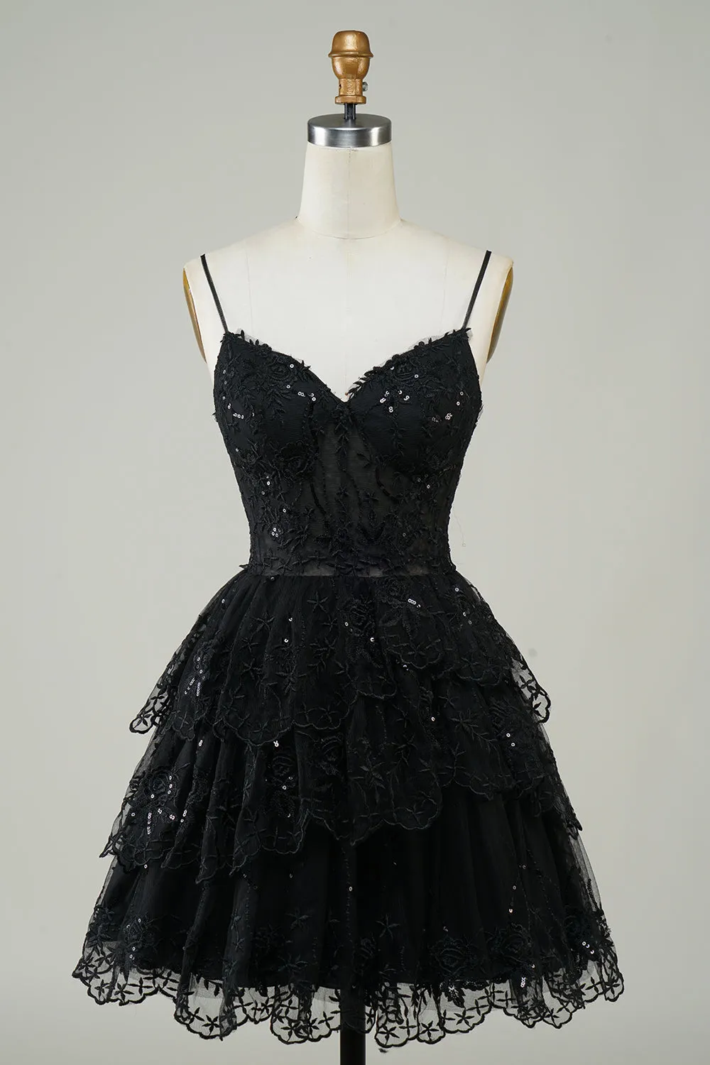 Cute Pink A Line Spaghetti Straps Sparkly Sequin Tiered Corset Short Homecoming Dress