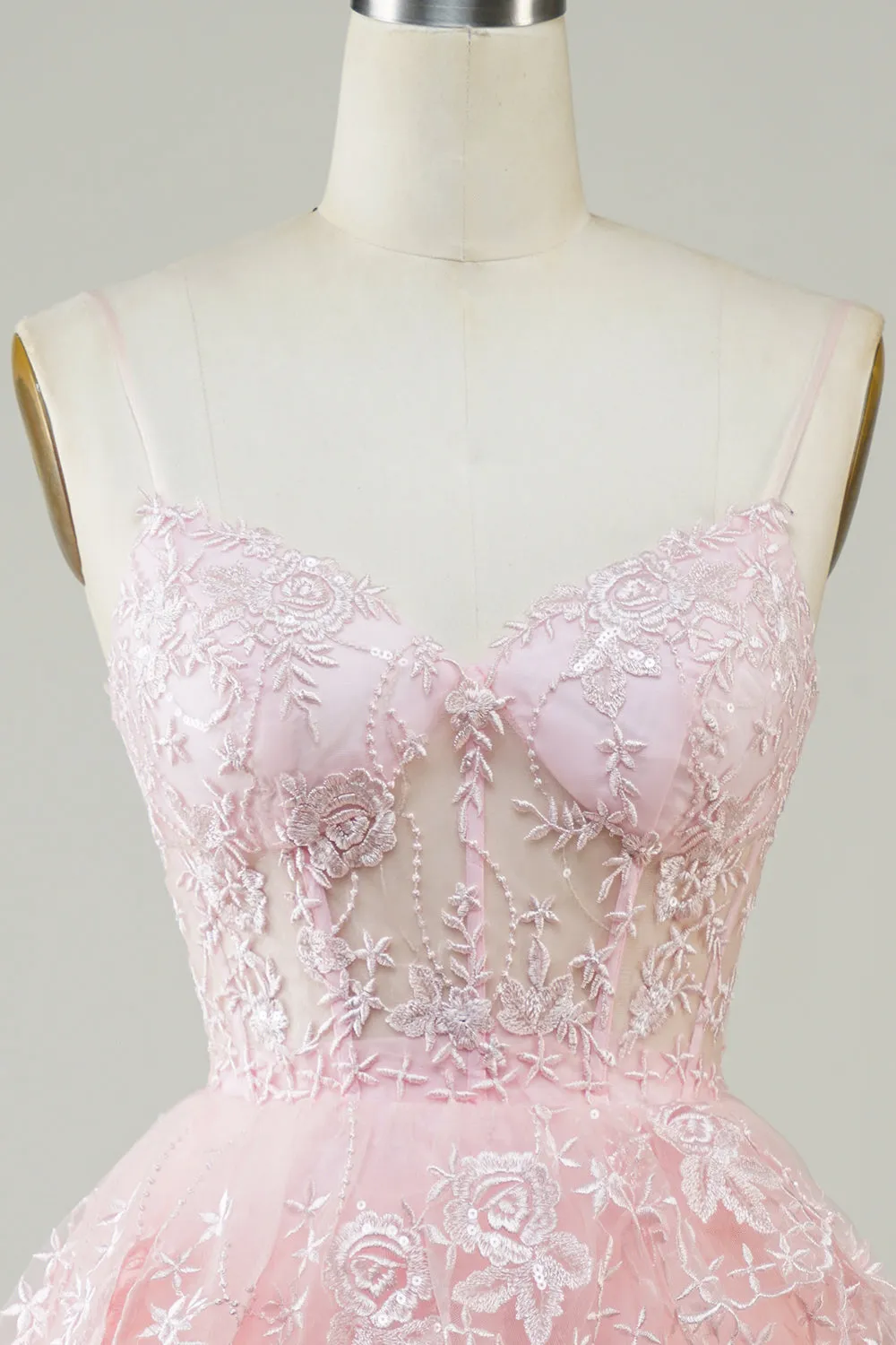 Cute Pink A Line Spaghetti Straps Sparkly Sequin Tiered Corset Short Homecoming Dress