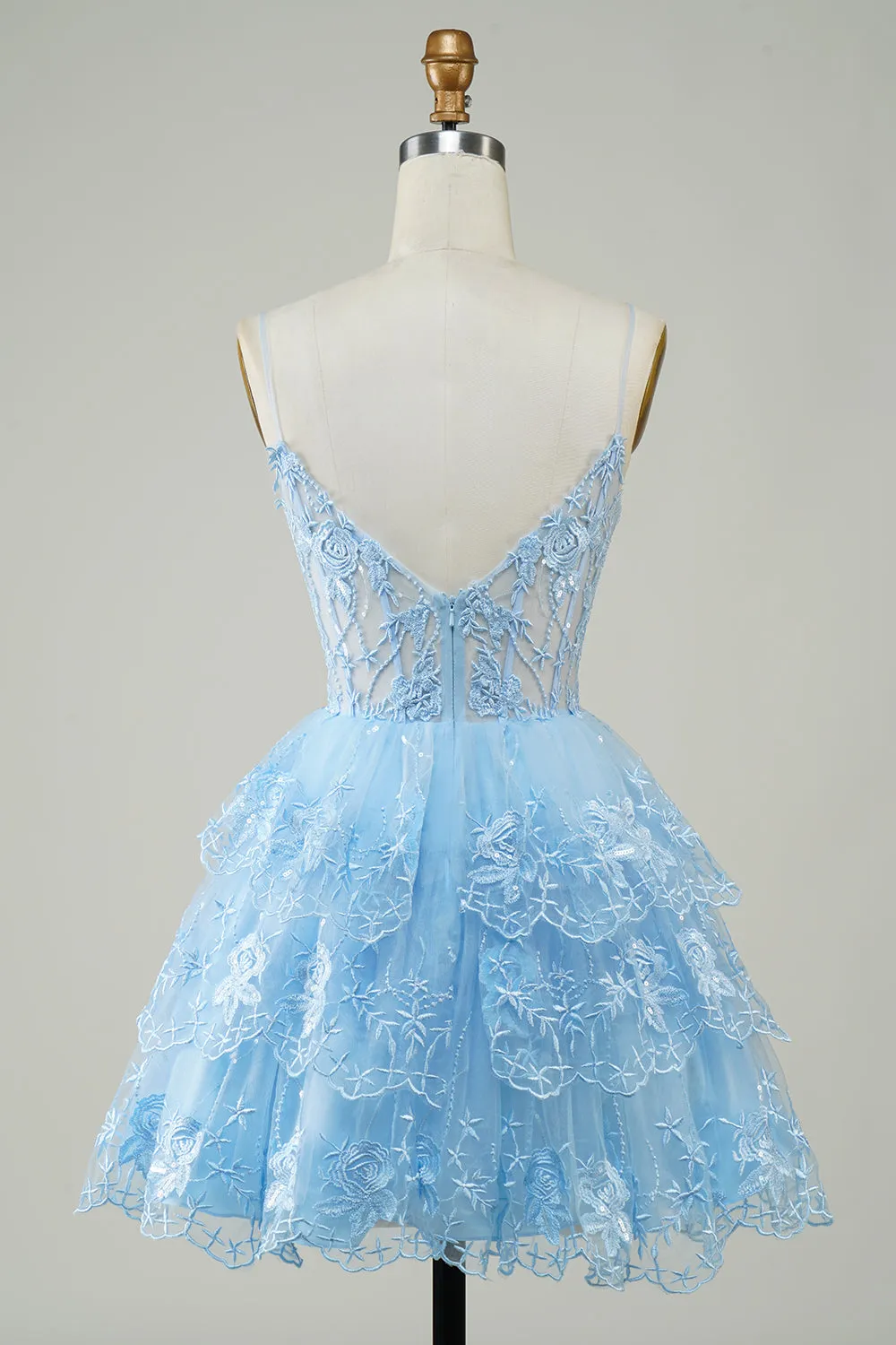 Cute Pink A Line Spaghetti Straps Sparkly Sequin Tiered Corset Short Homecoming Dress