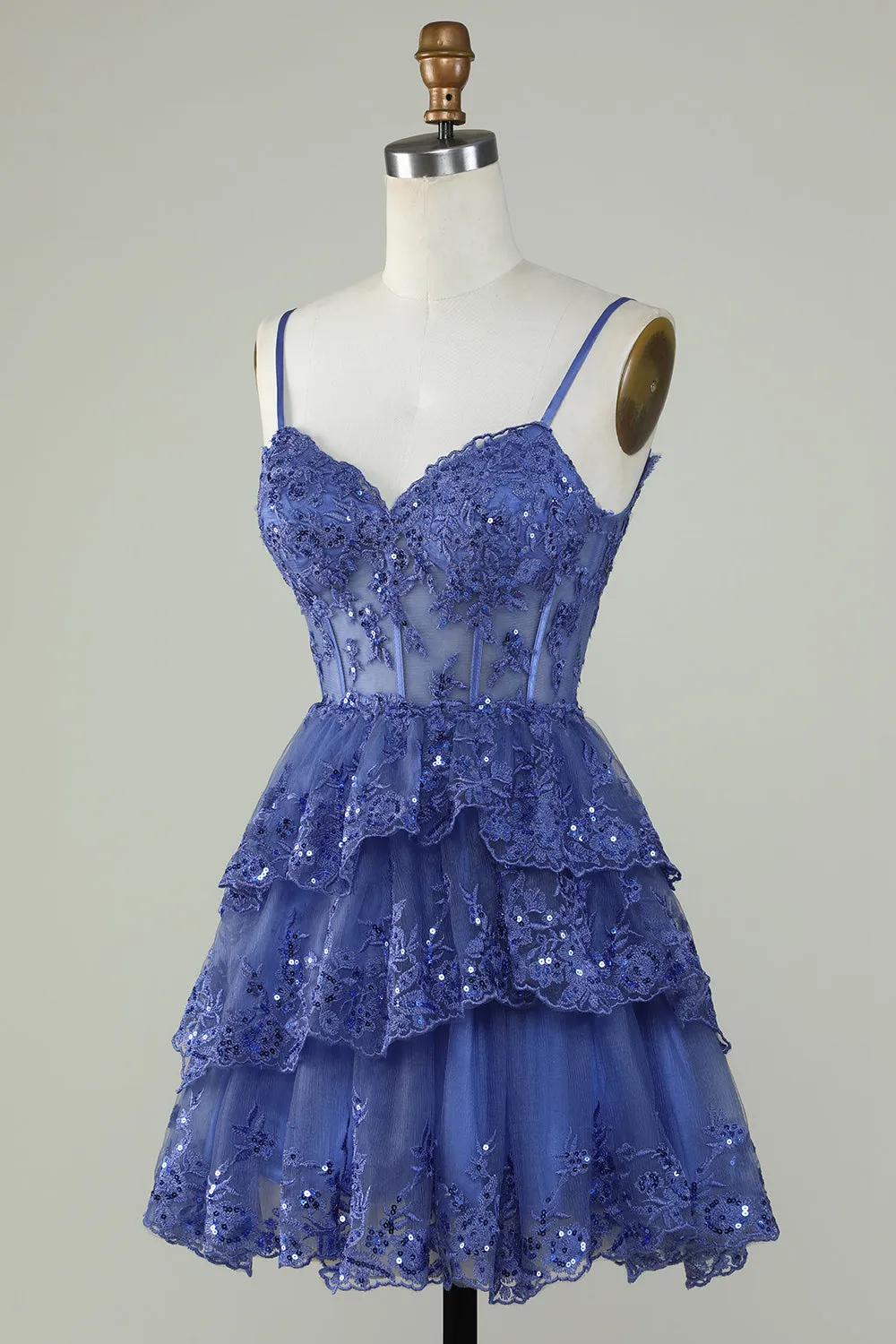 Cute Pink A Line Spaghetti Straps Sparkly Sequin Tiered Corset Short Homecoming Dress
