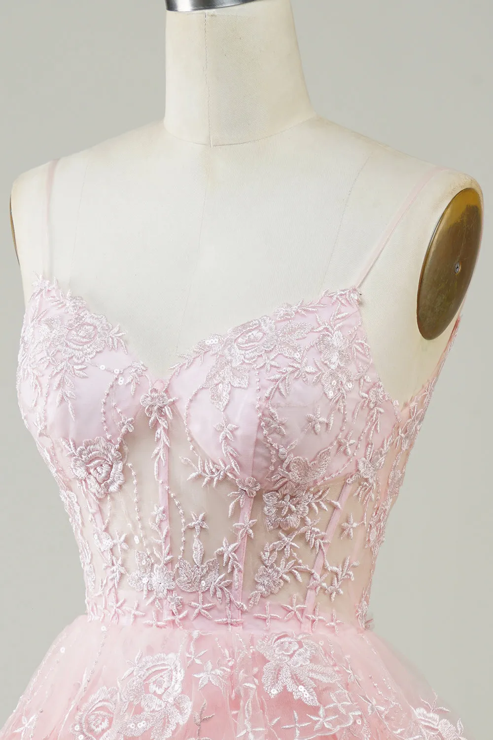 Cute Pink A Line Spaghetti Straps Sparkly Sequin Tiered Corset Short Homecoming Dress