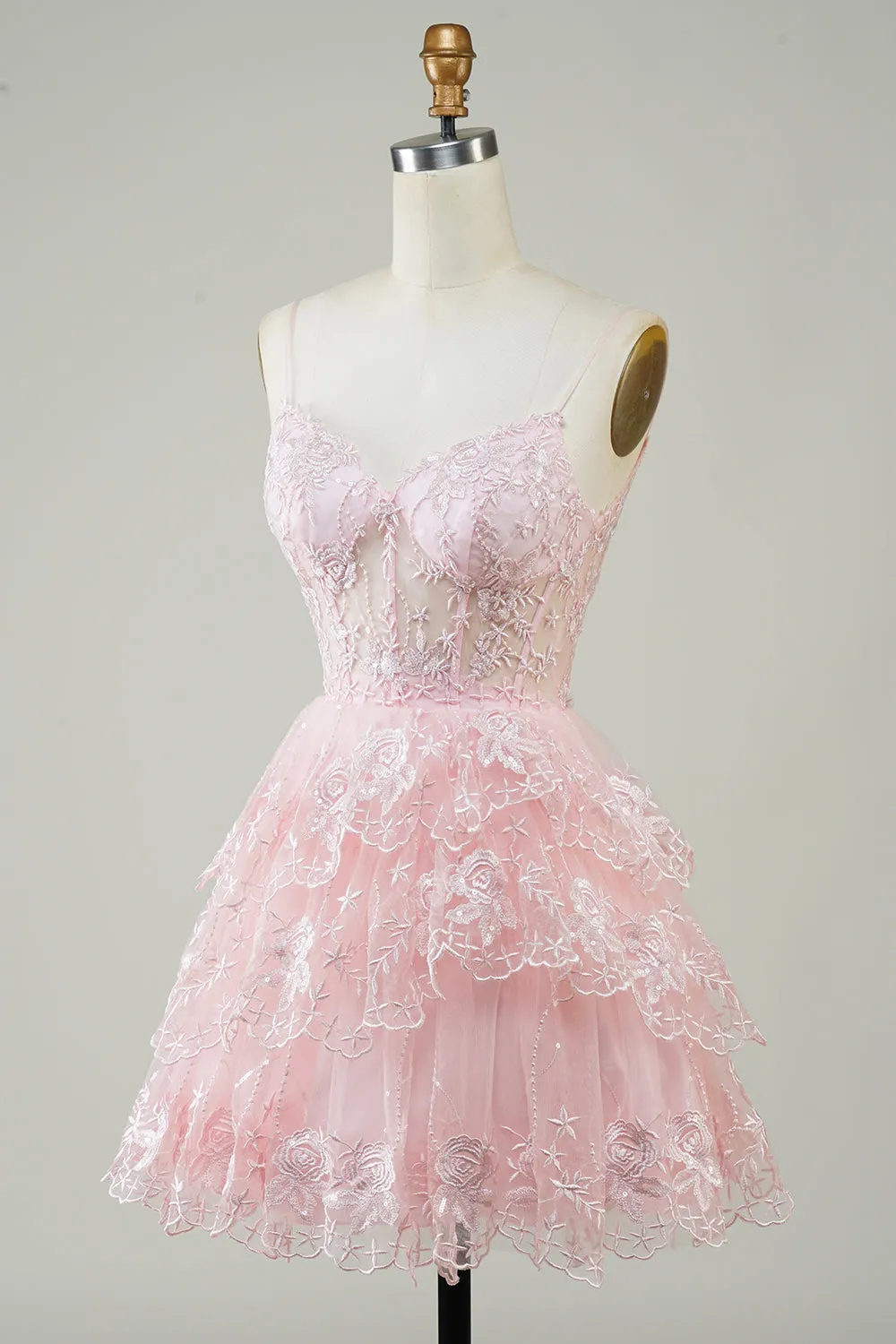 Cute Pink A Line Spaghetti Straps Sparkly Sequin Tiered Corset Short Homecoming Dress
