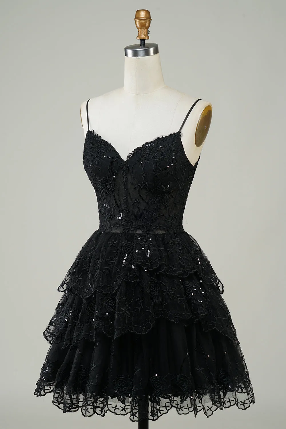 Cute Pink A Line Spaghetti Straps Sparkly Sequin Tiered Corset Short Homecoming Dress