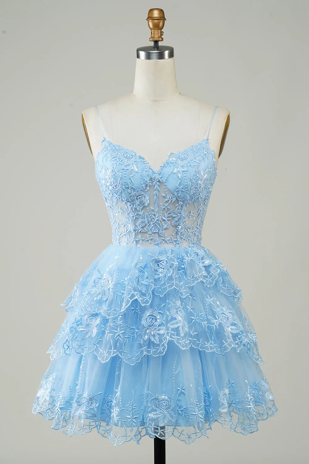Cute Pink A Line Spaghetti Straps Sparkly Sequin Tiered Corset Short Homecoming Dress