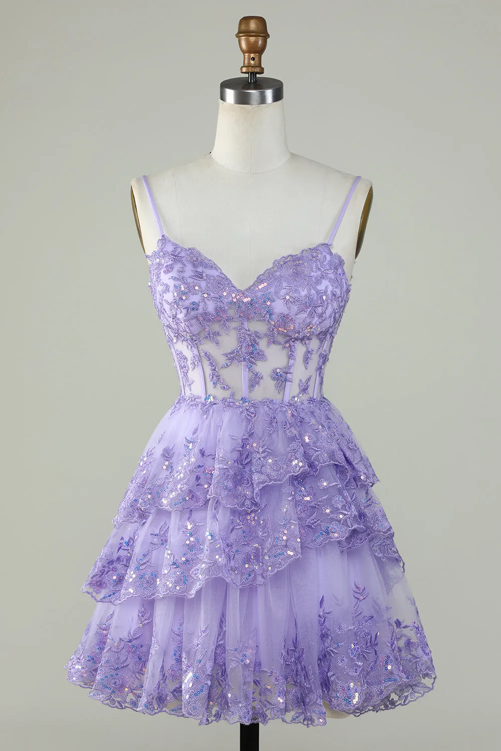 Cute Pink A Line Spaghetti Straps Sparkly Sequin Tiered Corset Short Homecoming Dress