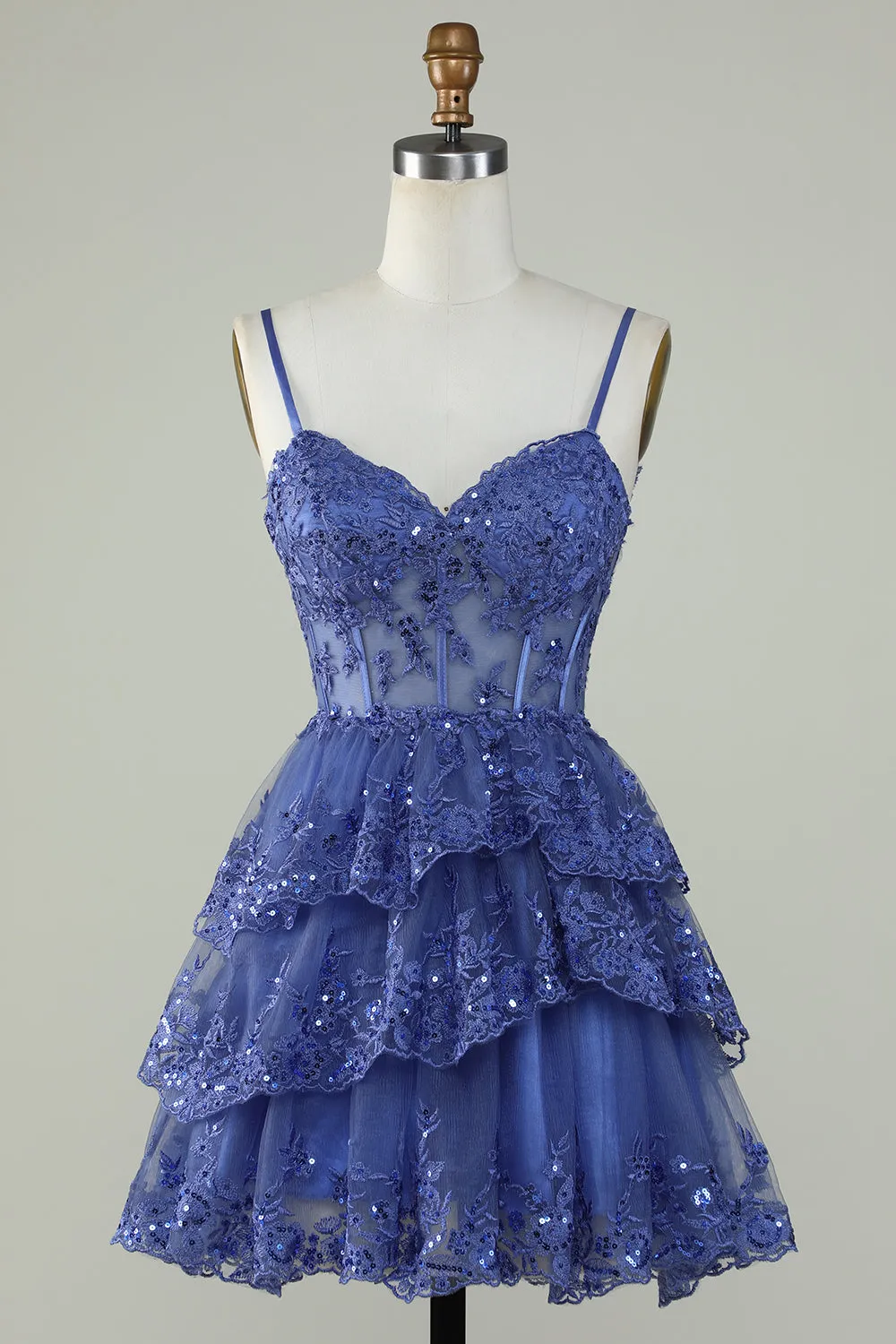 Cute Pink A Line Spaghetti Straps Sparkly Sequin Tiered Corset Short Homecoming Dress