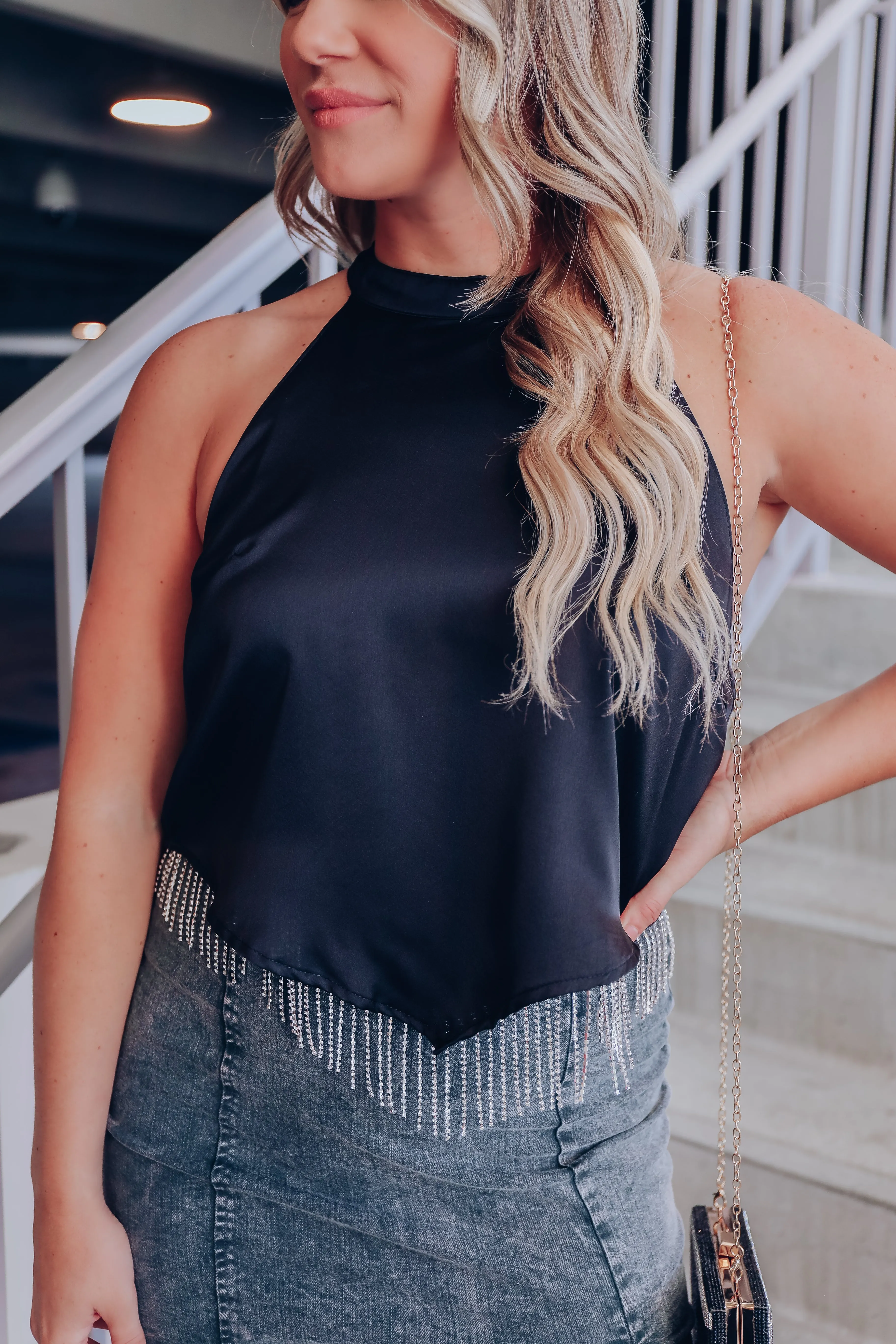 Dazzle Satin Mock Neck Crop Top - Black