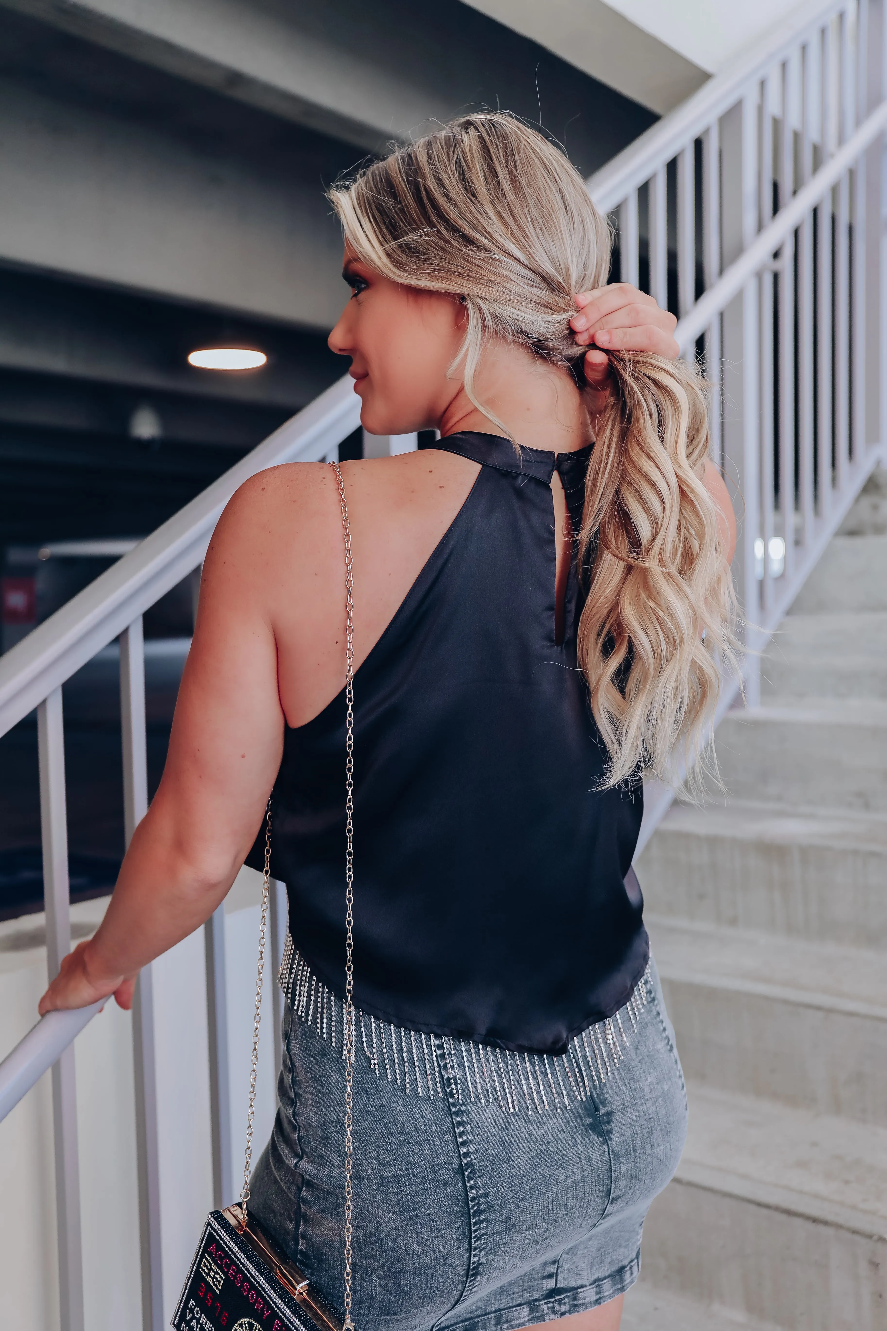Dazzle Satin Mock Neck Crop Top - Black