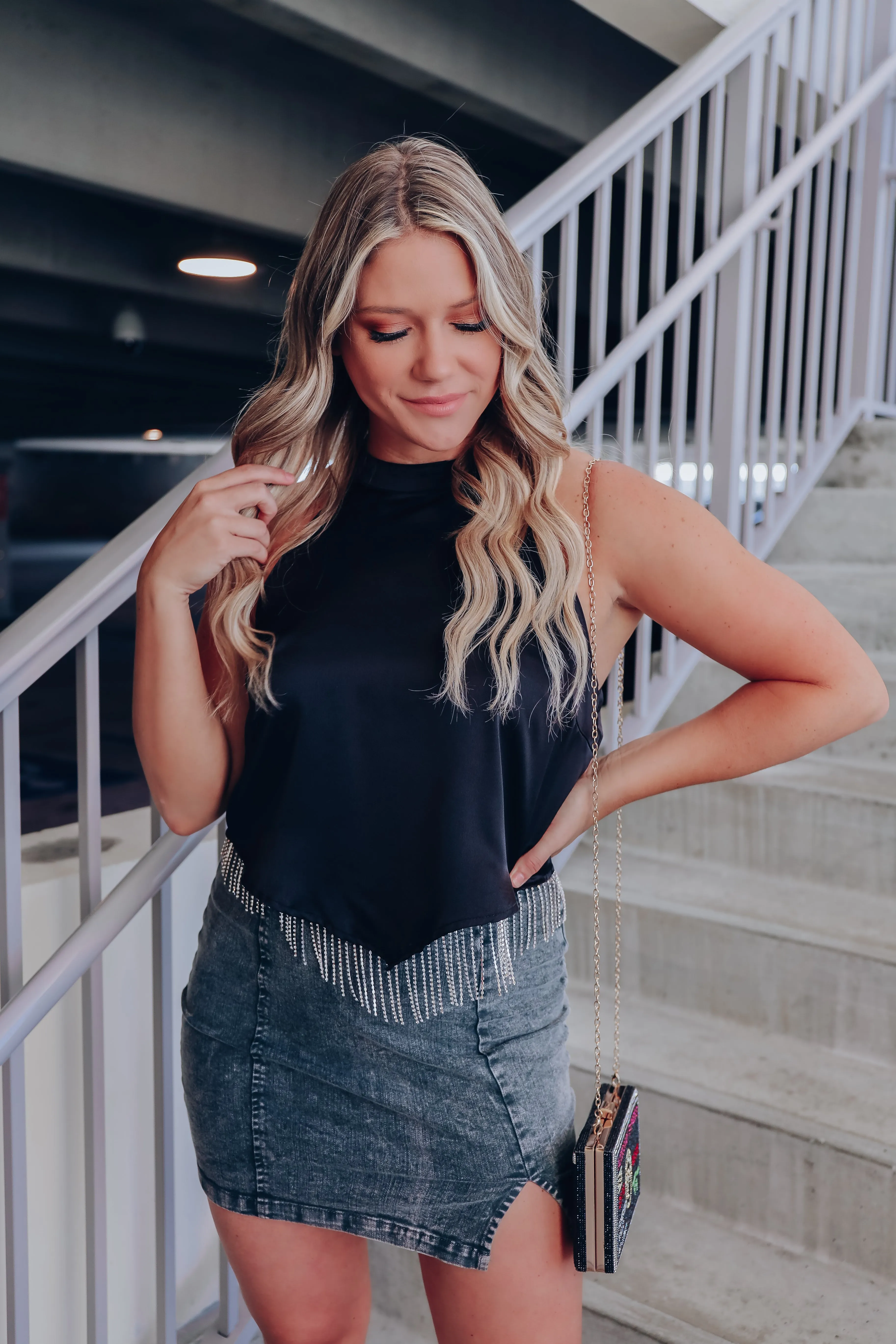 Dazzle Satin Mock Neck Crop Top - Black