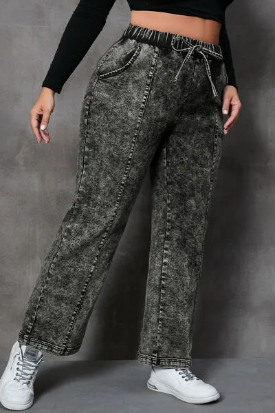 Drawstring Pocketed Straight Jeans