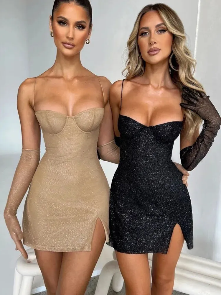 Elegant Glitter Sparkly Sexy Mini Dress For Women Elegant Sequin Off-shoulder Backless Bodycon Night Club Party Short Dress