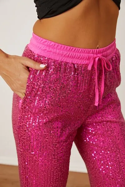 Fern Sequin Drawstring Pants with Pockets