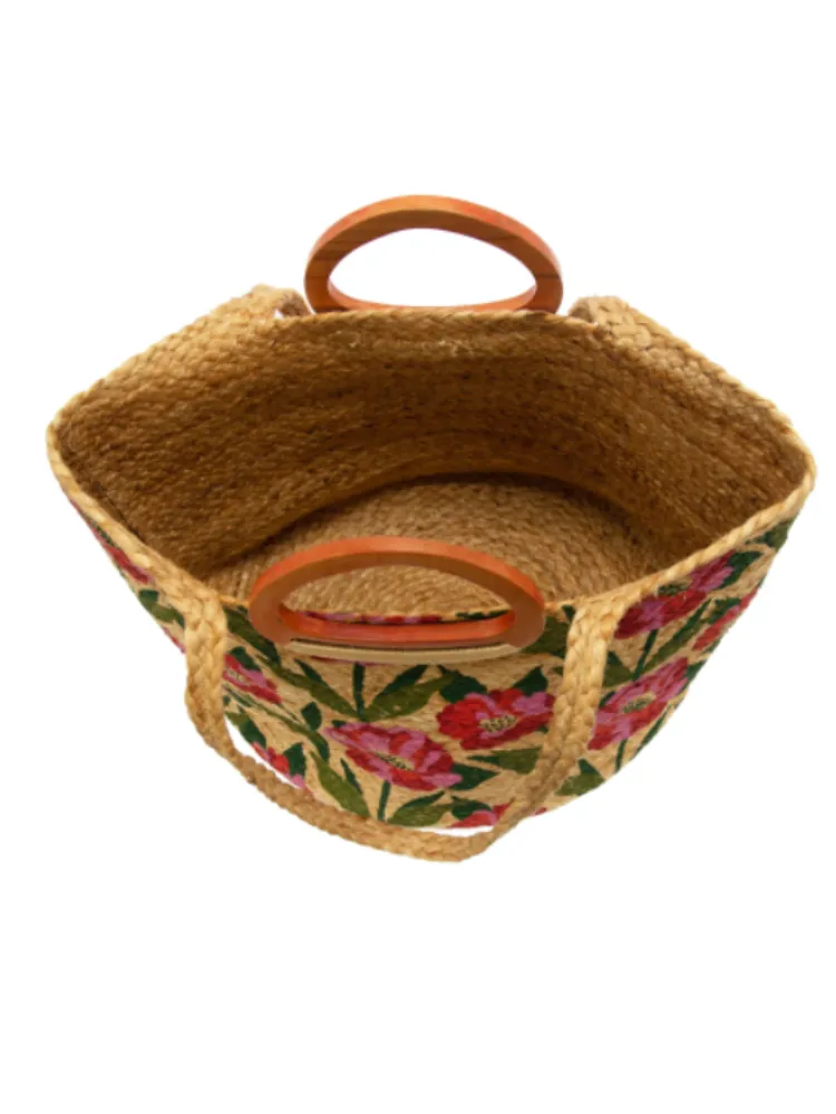 Joy Susan Jute Nell Wood Handle Tote - Multi Painted Poppy
