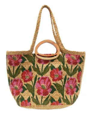 Joy Susan Jute Nell Wood Handle Tote - Multi Painted Poppy