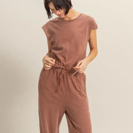 Keyhole Cap Sleeve Drawstring Jumpsuit