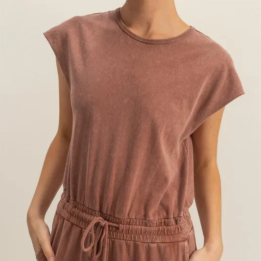 Keyhole Cap Sleeve Drawstring Jumpsuit