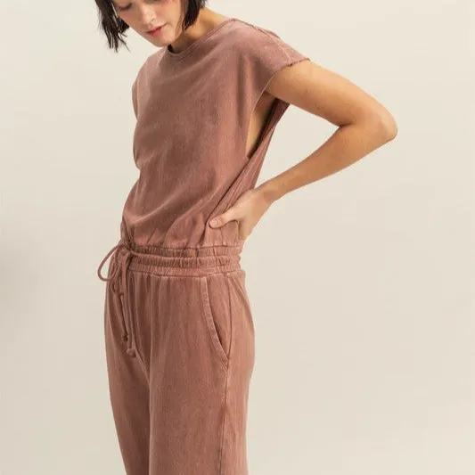 Keyhole Cap Sleeve Drawstring Jumpsuit