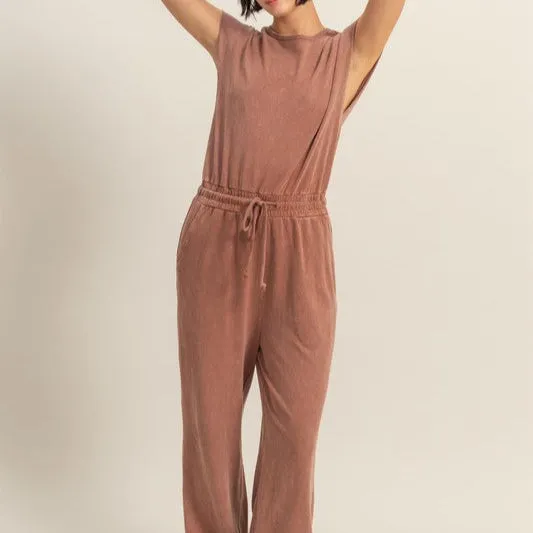 Keyhole Cap Sleeve Drawstring Jumpsuit