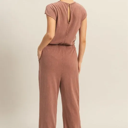 Keyhole Cap Sleeve Drawstring Jumpsuit
